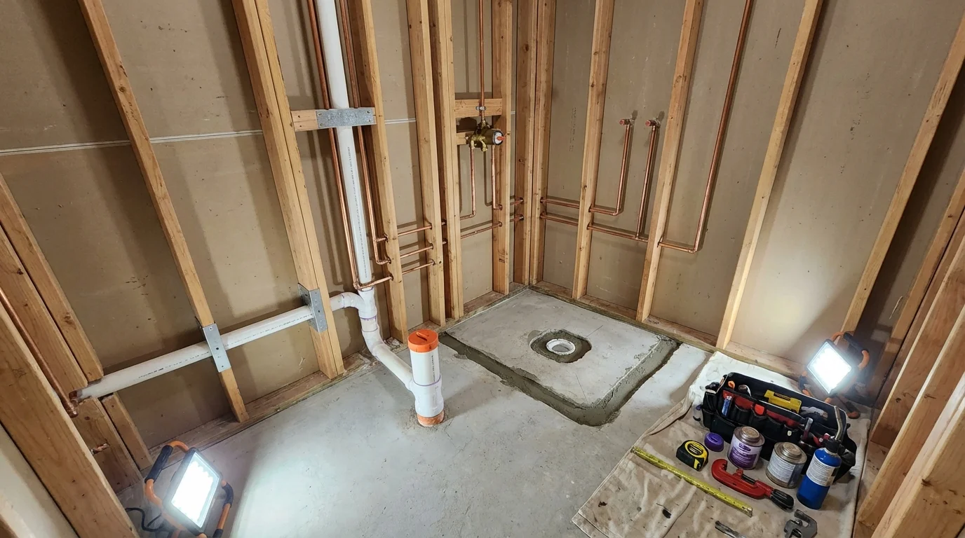 Bathroom rough-in plumbing during remodel by Johns Plumbing LLC in Sperry