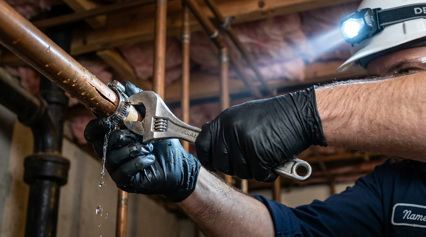 Emergency pipe clamp repair being performed by a Johns Plumbing LLC plumber in Sperry