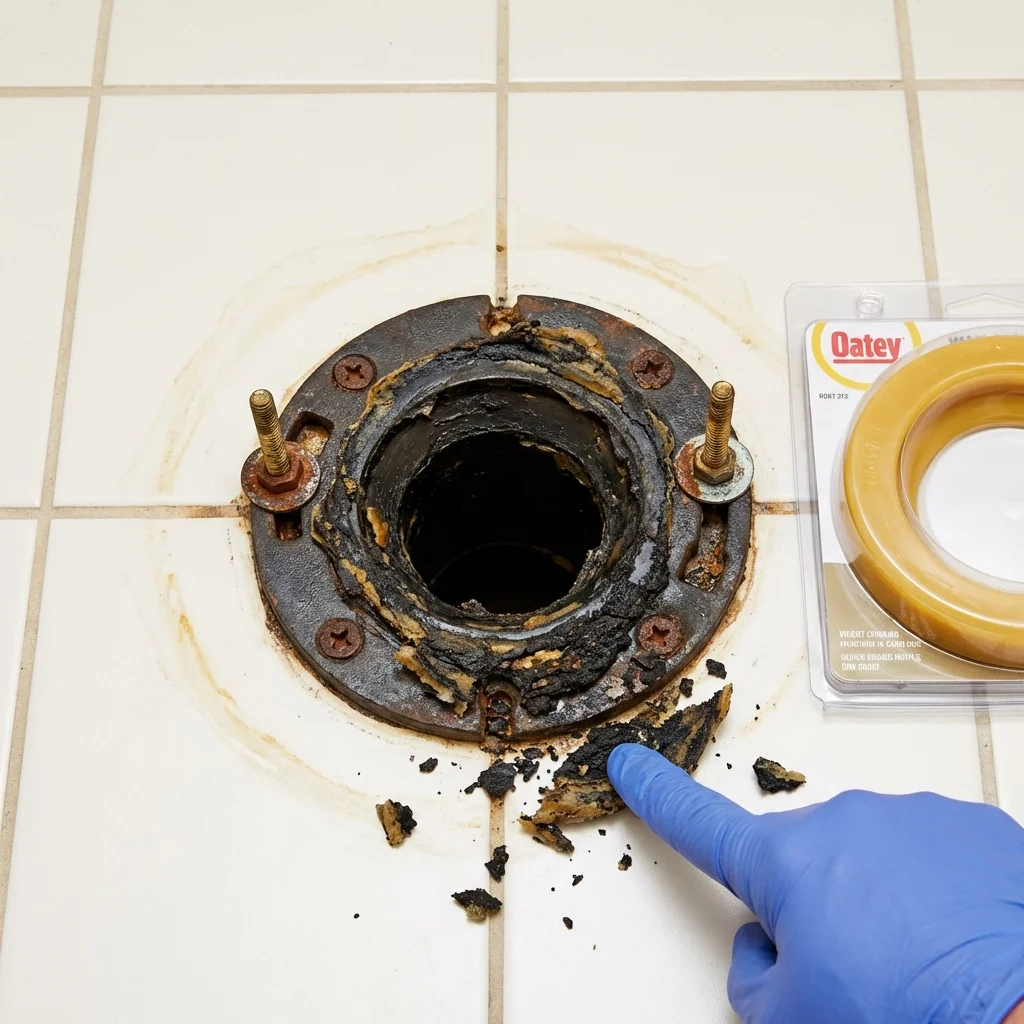 Failed wax ring showing water seepage at the base of a toilet in a Sperry, OK home
